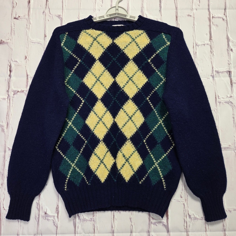 VTG J & D McGeorge Sweater Navy Argyle Shetland Wool Intarsia Scotland Mens 40